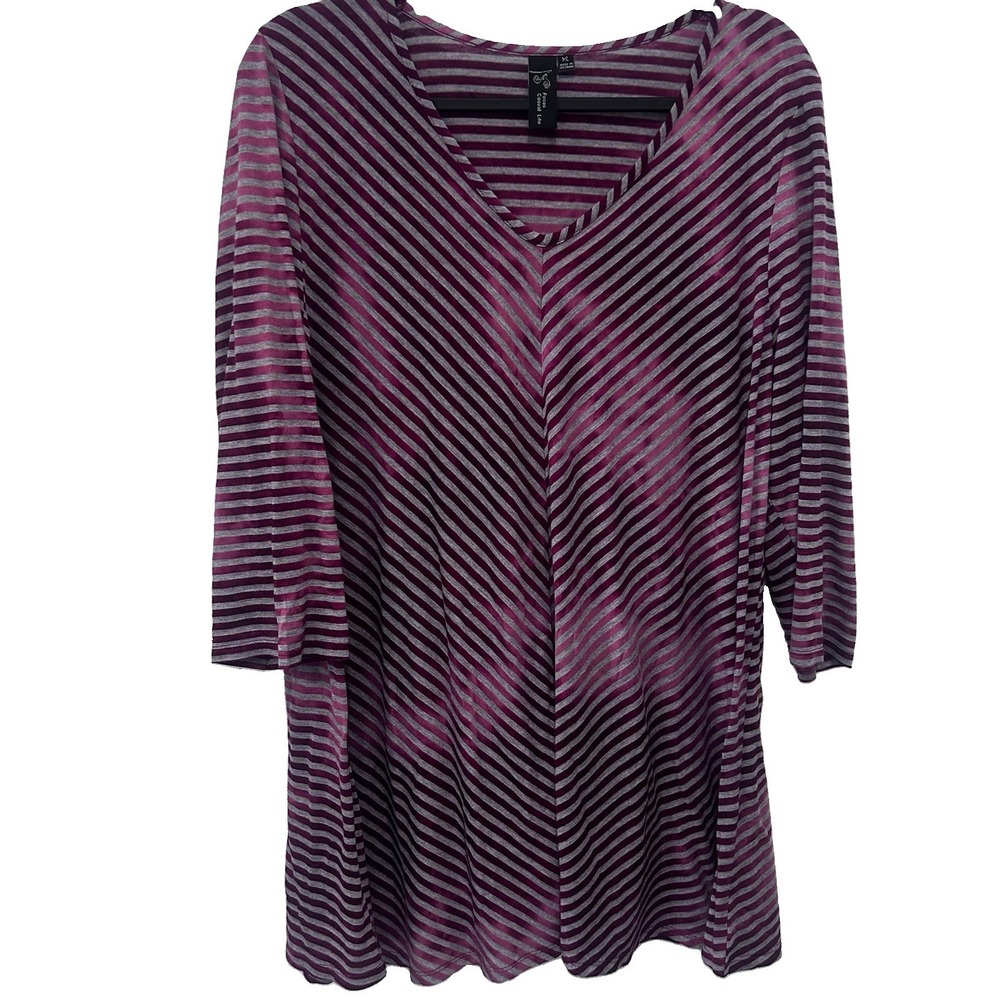 Focus Casual Life Pink Gray Striped V Neck Tunic XL Lagenlook